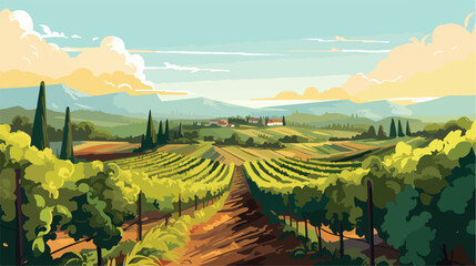 Picturesque vineyard with rows of grapevines under - obrazy, fototapety, plakaty