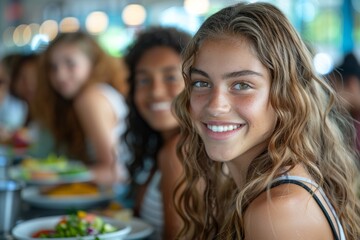 Fototapeta premium A vibrant teenager smiles at a cafe with friends, capturing a moment of youthful energy and camaraderie