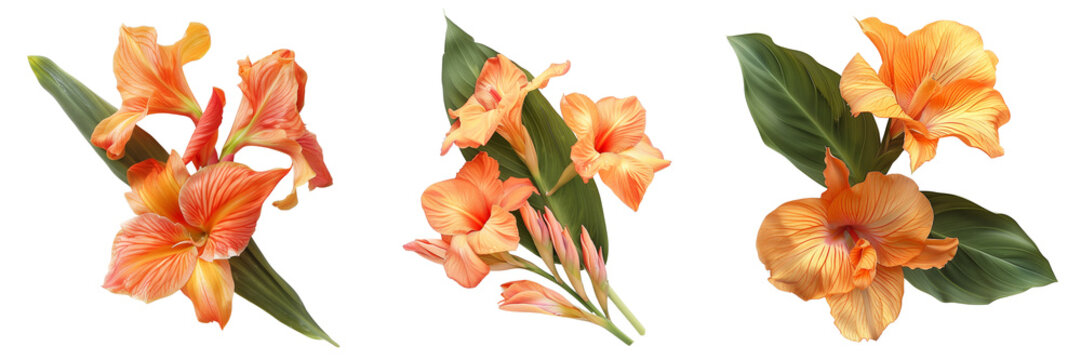 Set of canna lily flowers isolated on a transparent background. PNG.