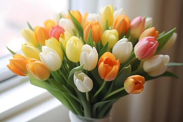 Beautiful bouquet of multicolored tulips