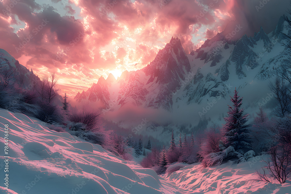 Poster a mountain range with a pink and orange sky in the background. the mountains are covered in snow and