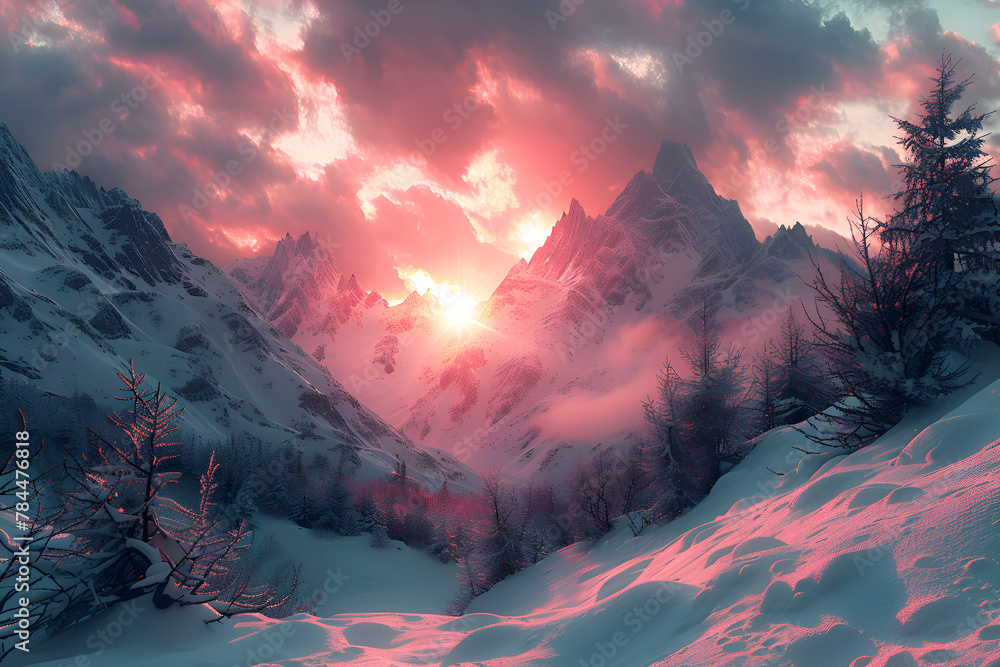 Poster a mountain range with a pink and orange sky in the background. the mountains are covered in snow and