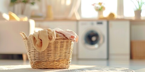 Laundry day scene with basket, clothes, and washing machine