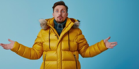 A man in a yellow jacket with his hands out, suitable for various concepts and designs