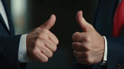 Two businessmen in suits giving a thumbs up gesture