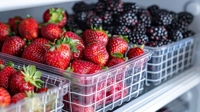 A photo of strawberries and blackberries in a refrigerator.