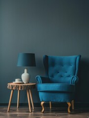 A blue chair next to a table with a lamp