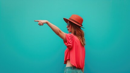A woman in a hat pointing at something