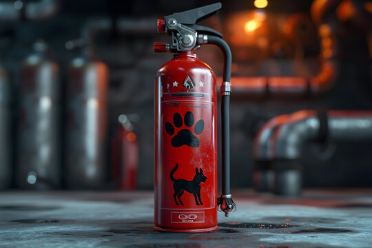 Fire Extinguisher with Paw Print on Cinematic Isolated Background in Photographic Style with Prime and Close-Up Detail