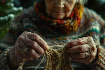 Elderly woman knitting a piece of yarn, suitable for crafting and hobby concepts
