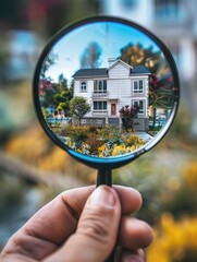 A person holding a magnifying lens in front of a house