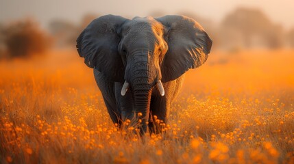   An elephant in a field of tall grass, yellow flowers in the foreground, trees in the background - obrazy, fototapety, plakaty