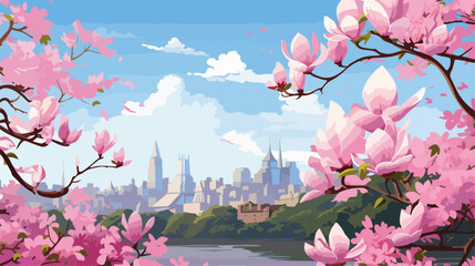 Pink Magnolia in Blook in Shanghai 2d flat cartoon