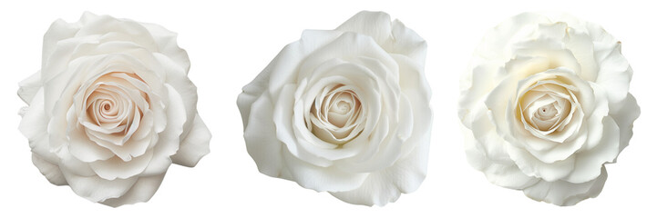 Set of white rose flowers isolated on a transparent background. PNG.