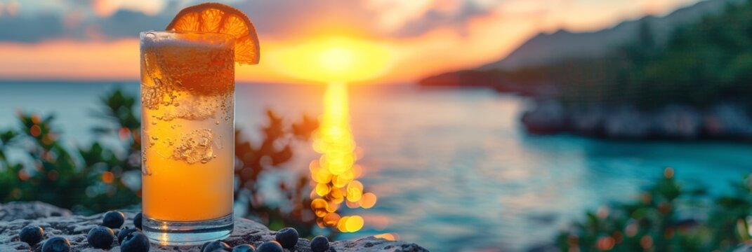 An idyllic sunset over a tropical seascape with a refreshing orange lemonade on rocks.
