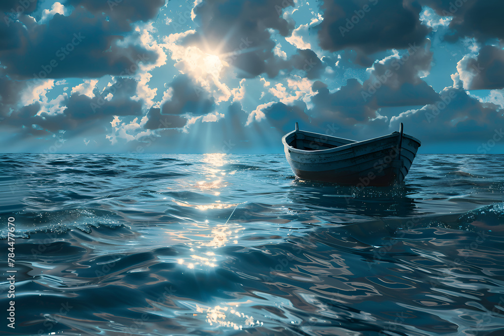 Poster a boat is floating in the ocean with the sun shining on it. the sky is cloudy and the water is calm.