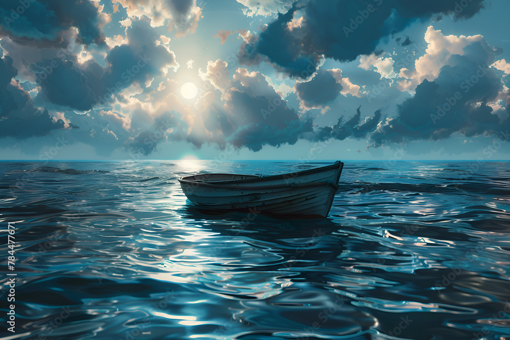 Poster a boat is floating in the ocean with the sun shining on it. the sky is cloudy and the water is calm.