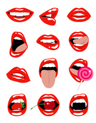 Famale sexy red lips. Set of isolated vector illustrations