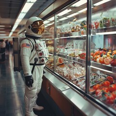 An astronaut in a grocery store