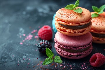 French gourmet macaroons in a colorful array of flavors, adorned with raspberry and mint.