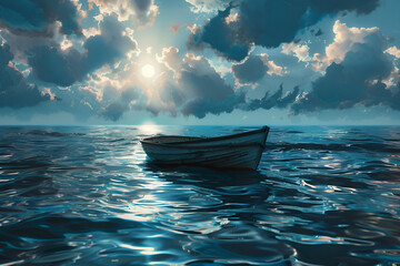 Fototapeta premium A boat is floating in the ocean with the sun shining on it. The sky is cloudy and the water is calm. Generative AI
