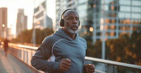 Active senior man jogging with headphones in city, healthy lifestyle concept.