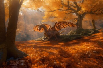 **A tranquil forest clearing blanketed in a carpet of autumn leaves, with a magnificent dragon...