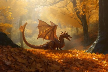 **A tranquil forest clearing blanketed in a carpet of autumn leaves, with a magnificent dragon taking flight against the golden hues - obrazy, fototapety, plakaty