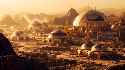 Fototapeta na wymiar Futuristic Martian Colony with Domed Habitats and Isolated Landscape in Cinematic Photographic Style