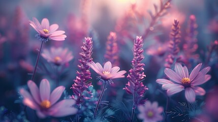   A field filled with purple flowers beneath sunrays filtering through the clouded sky, grass in sharp focus at the photo's forefront - obrazy, fototapety, plakaty