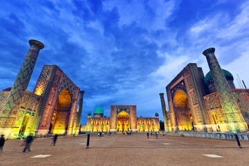View of the magnificent islamic architecture of Registan square at night. Samarkand. Uzbekistan