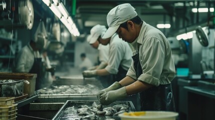 A shrimp factory workers working in a factory
