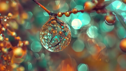 Obraz premium Macro photo of plants and flowers with water drops, Bokeh, infrared, neon, multicolored. Close-up. 