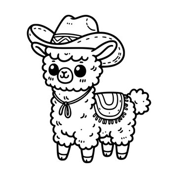 cute children coloring illustration cartoon llama wearing cowboy hat vector illustration