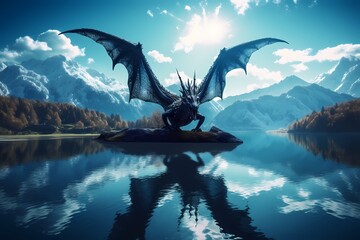 **A tranquil mountain lake reflecting the azure sky, with a majestic dragon gliding silently across its mirrored surface - obrazy, fototapety, plakaty