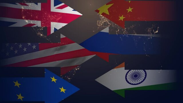 Cg arrows with the flags of the USA, Great Britain, the European Union, Russia, China and India are moving towards each other. The concept of a clash of interests between BRICS and the collective West