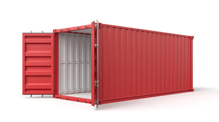 3d rendering of open empty red barge container with white insides isolated on white background. - obrazy, fototapety, plakaty
