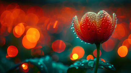 Macro photo of plants and flowers with water drops, Bokeh,  infrared, neon, multicolored. Close-up. Generative AI.
