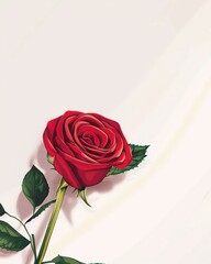 A single rose lies across the white background, its red petals rich and velvety, a romantic contrast seen in dramatic closeup