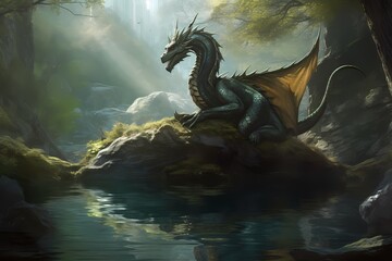 **A tranquil river winding through a dense forest, with a majestic dragon perched on a moss-covered rock, observing its reflection in the water - obrazy, fototapety, plakaty