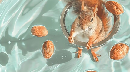 A spacesuited squirrel gathers space nuts in a zerogravity testing chamber, its agility seen in dynamic closeup - obrazy, fototapety, plakaty