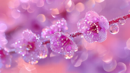 Macro photo of plants and flowers with water drops, Bokeh,  infrared, neon, multicolored. Close-up. 