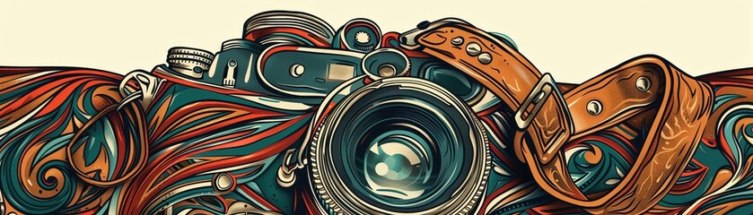 A vintage camera, with dials and a leather strap, evokes a sense of nostalgia, beautifully displayed on white, viewed in retro closeup - obrazy, fototapety, plakaty