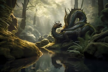 **A tranquil river winding through a dense forest, with a majestic dragon perched on a moss-covered rock, observing its reflection in the water - obrazy, fototapety, plakaty