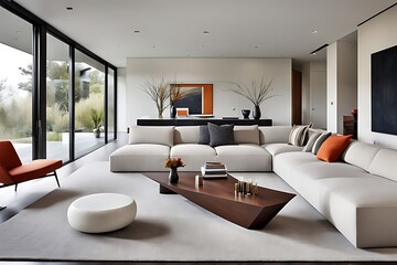  The modern living room of a contemporary home includes an angled canapé and a low table design. 