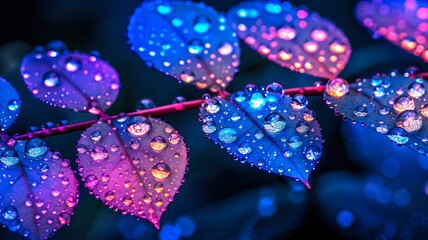 Macro photo of plants and flowers with water drops, Bokeh,  infrared, neon, multicolored. Close-up. 