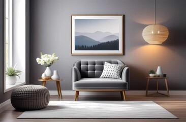 Bright living room in boho style: armchair in fashion, frame on gray wall. Modern interior design