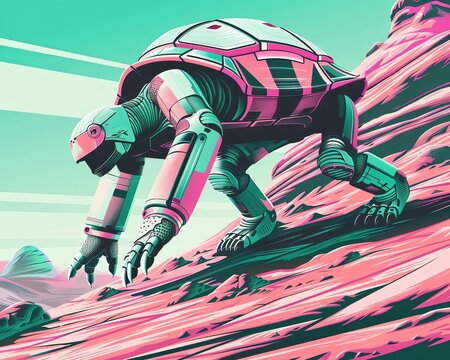 A turtle in a slowmoving space suit explores a new terrain, its pace steady and determined, observed in serene closeup
