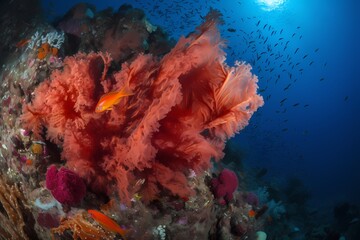 **A vibrant coral reef teeming with life, where a majestic dragon swims gracefully among the colorful marine creatures