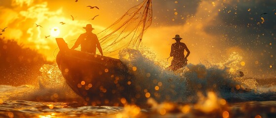 ai generation image Fishermen standing on boats. Casting a net Go into the water to catch fish,...